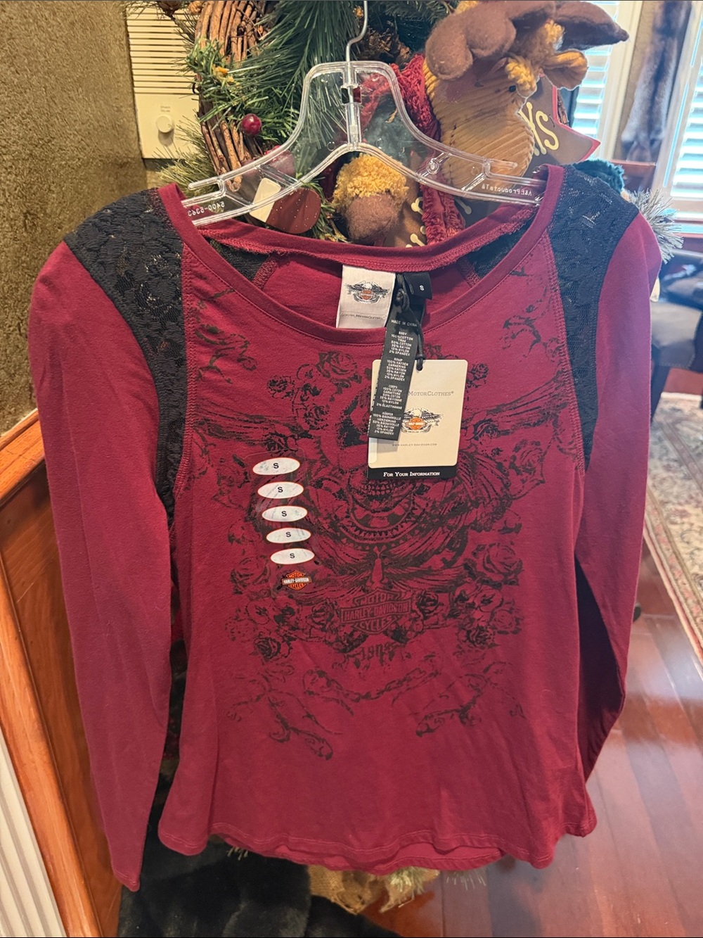 Harley Davidson Burgundy/Black Long-Sleeve Graphic Top with Black Lace Shoulders